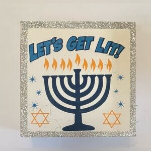 “Let’s get lit” Hanukkah free standing wooden decor sign